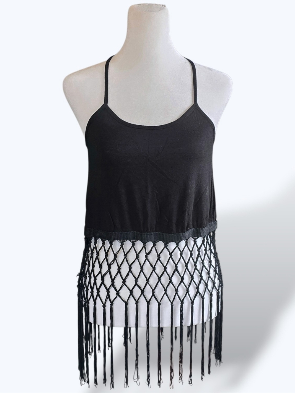 🟣 Rue21 Y2k Black Hanging Fringe Cropped Halter Strap Tank XSmall Mesh Fishnet - Picture 2 of 12